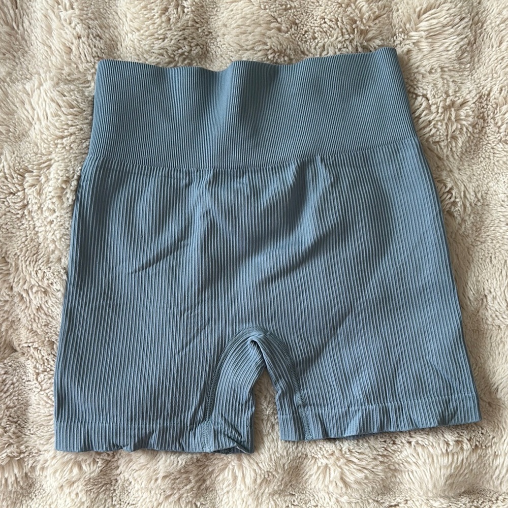 High-Waisted Ribbed Women Shorts - Blue